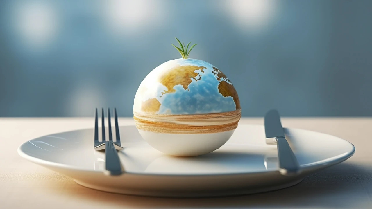 Símbolo del hambre cero representado por un mundo en un plato con cubiertos